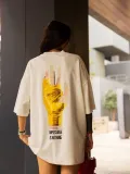 Unisex Bisiklet Yaka Baskılı Oversize T-Shirt - Beyaz