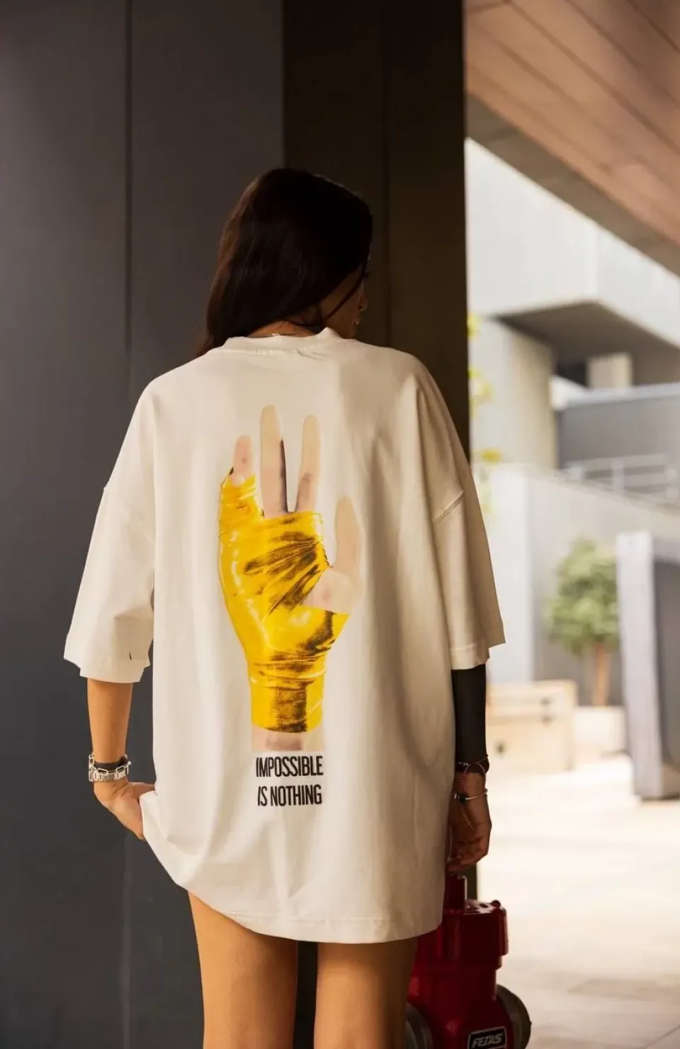 Unisex Bisiklet Yaka Baskılı Oversize T-Shirt - Beyaz