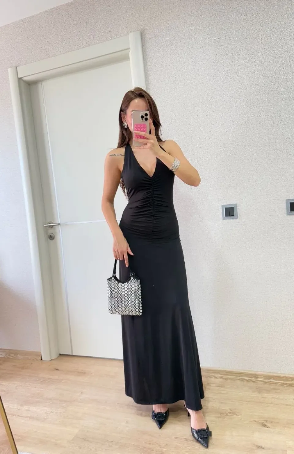 Sırt dekolteli Uzun Elbise - Siyah