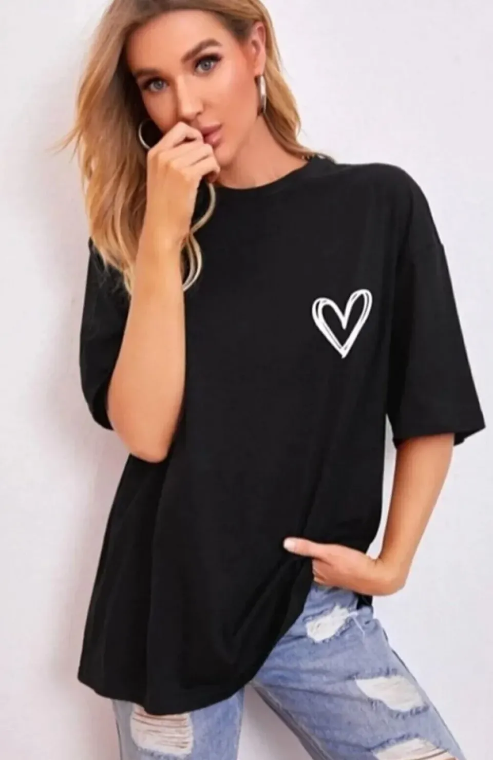 Kadın Bisiklet Yaka Baskılı Oversize T-Shirt - Siyah