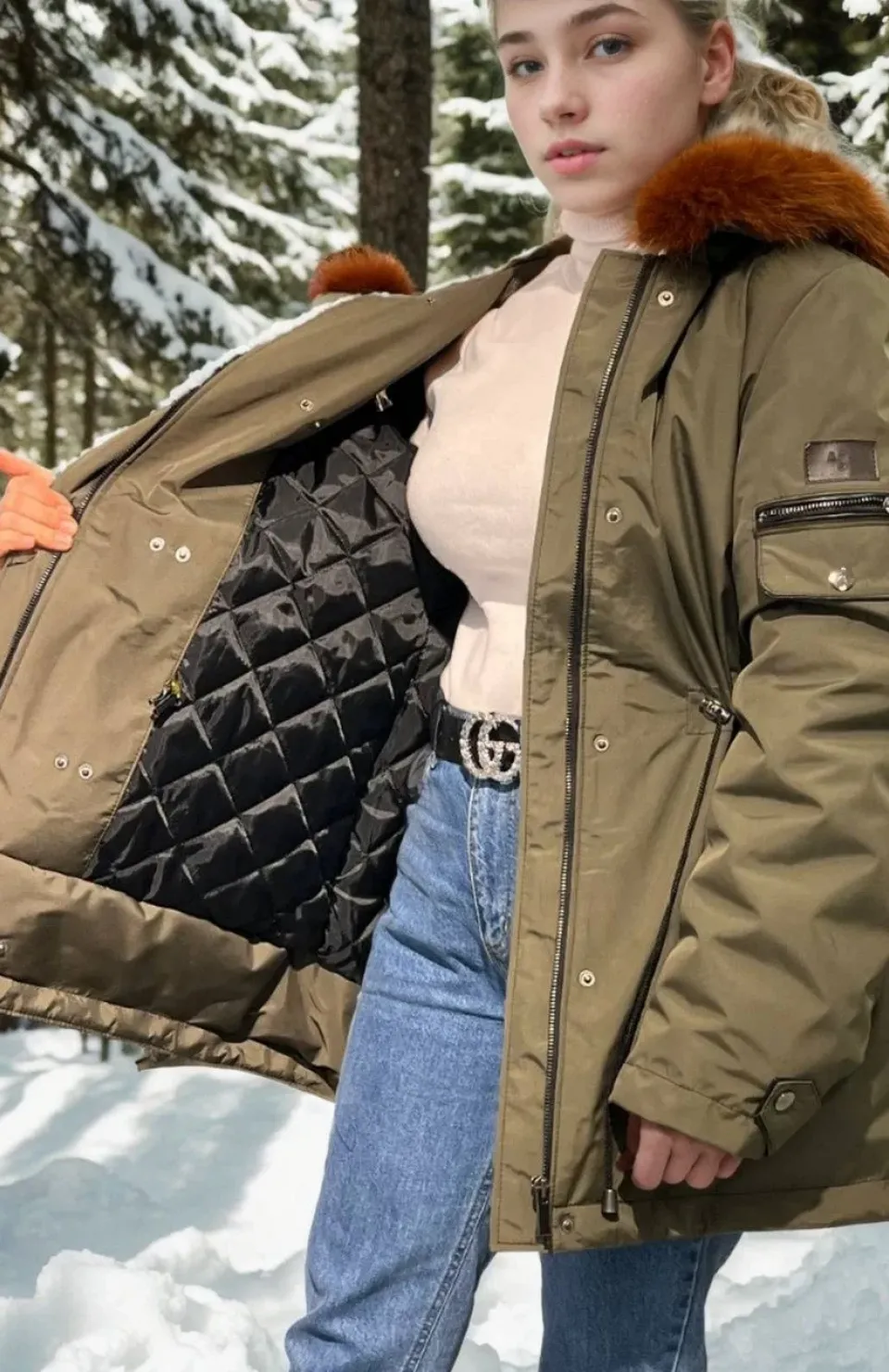 Kadın Su Geçirmez Kapüşonlu Mont - Haki