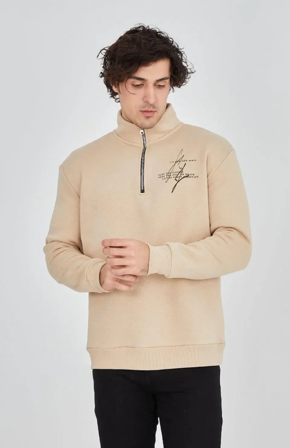 Erkek Yarım Fermuarlı Baskılı Sweat - Bej
