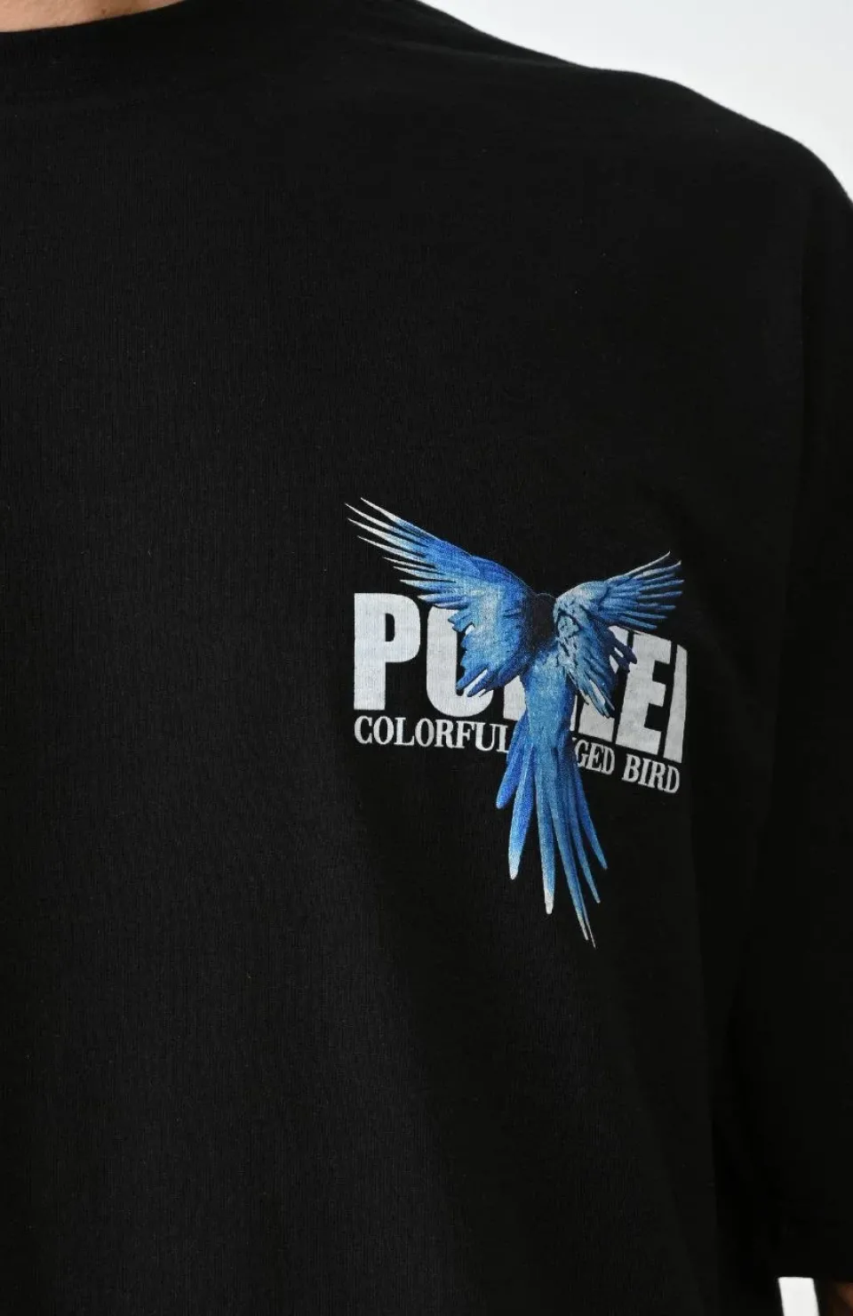 Unisex Bisiklet Yaka Baskılı Oversize T-Shirt - Siyah