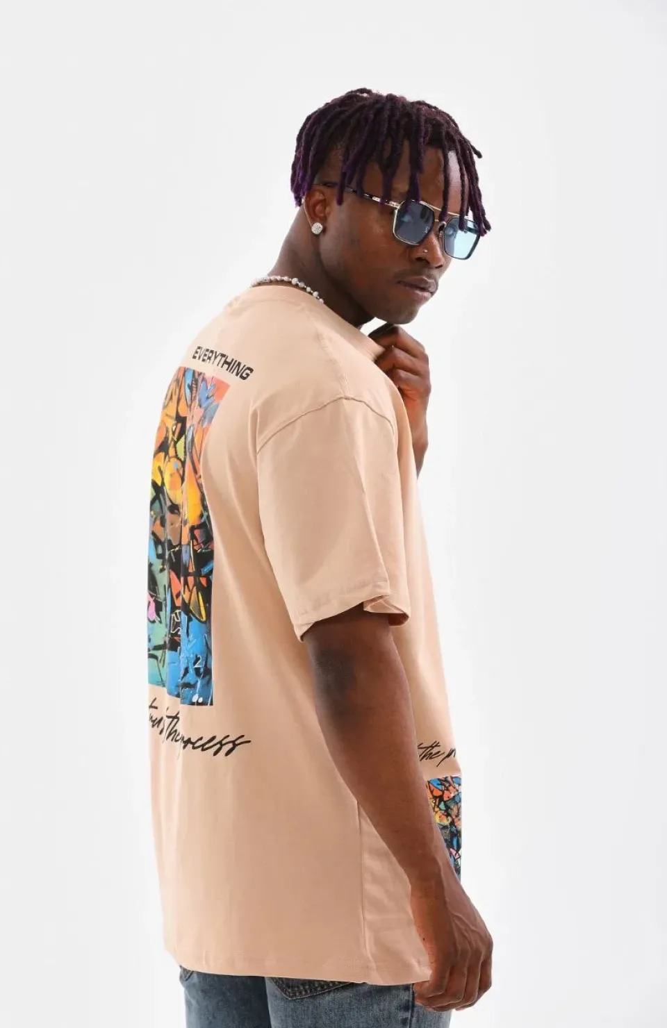 Unisex Bisiklet Yaka Baskılı Oversize T-Shirt - Bej