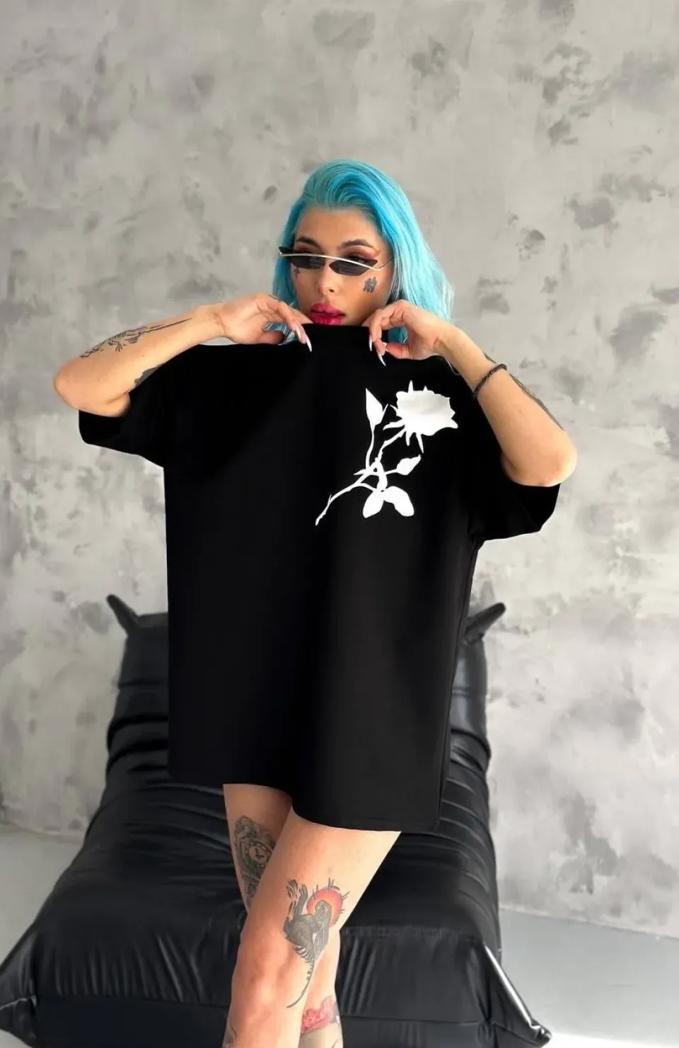 Unisex Bisiklet Yaka Baskılı Oversize T-Shirt - Siyah