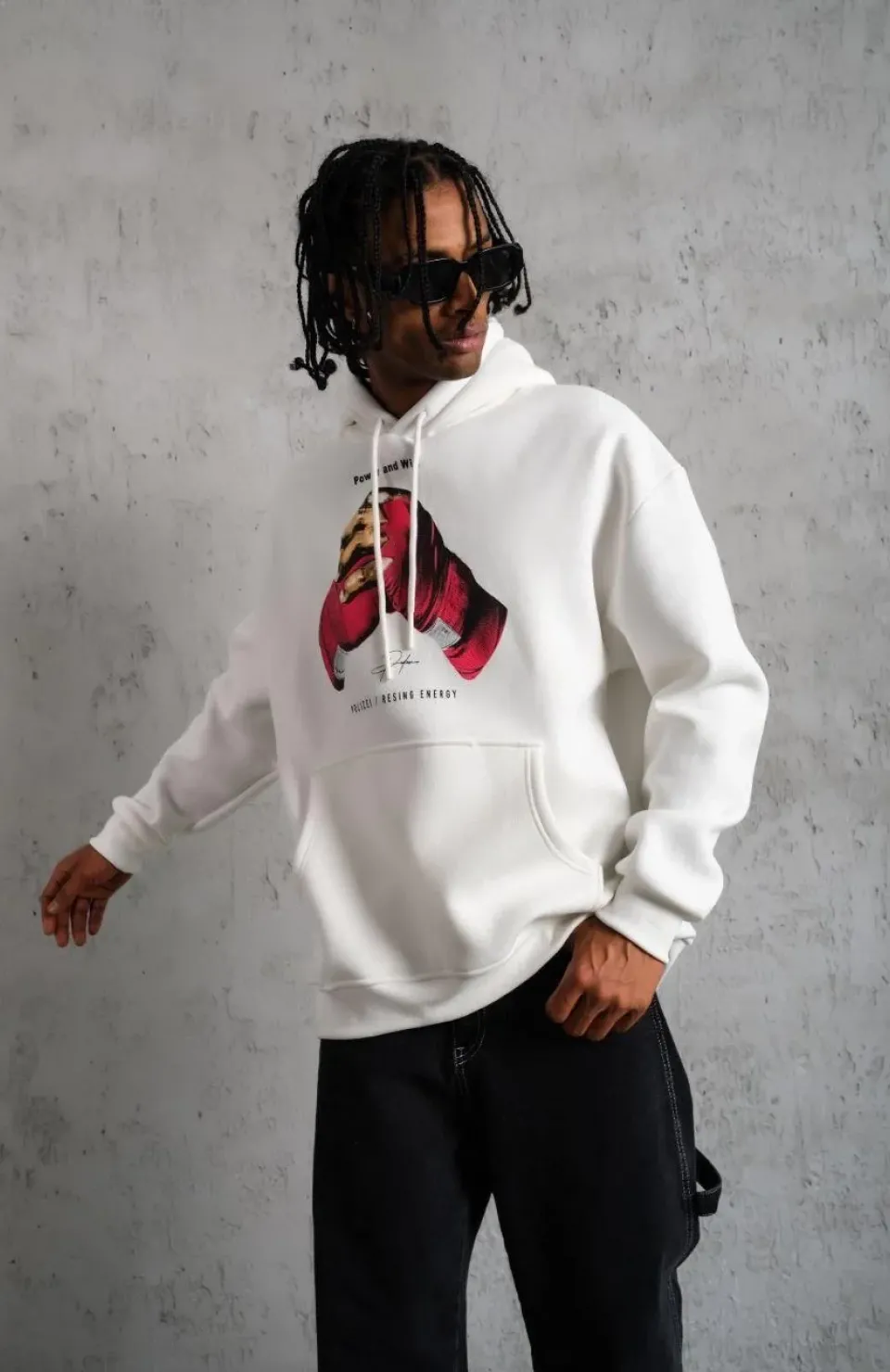 Erkek Eldiven Baskılı Kapüşonlu Sweat - Beyaz