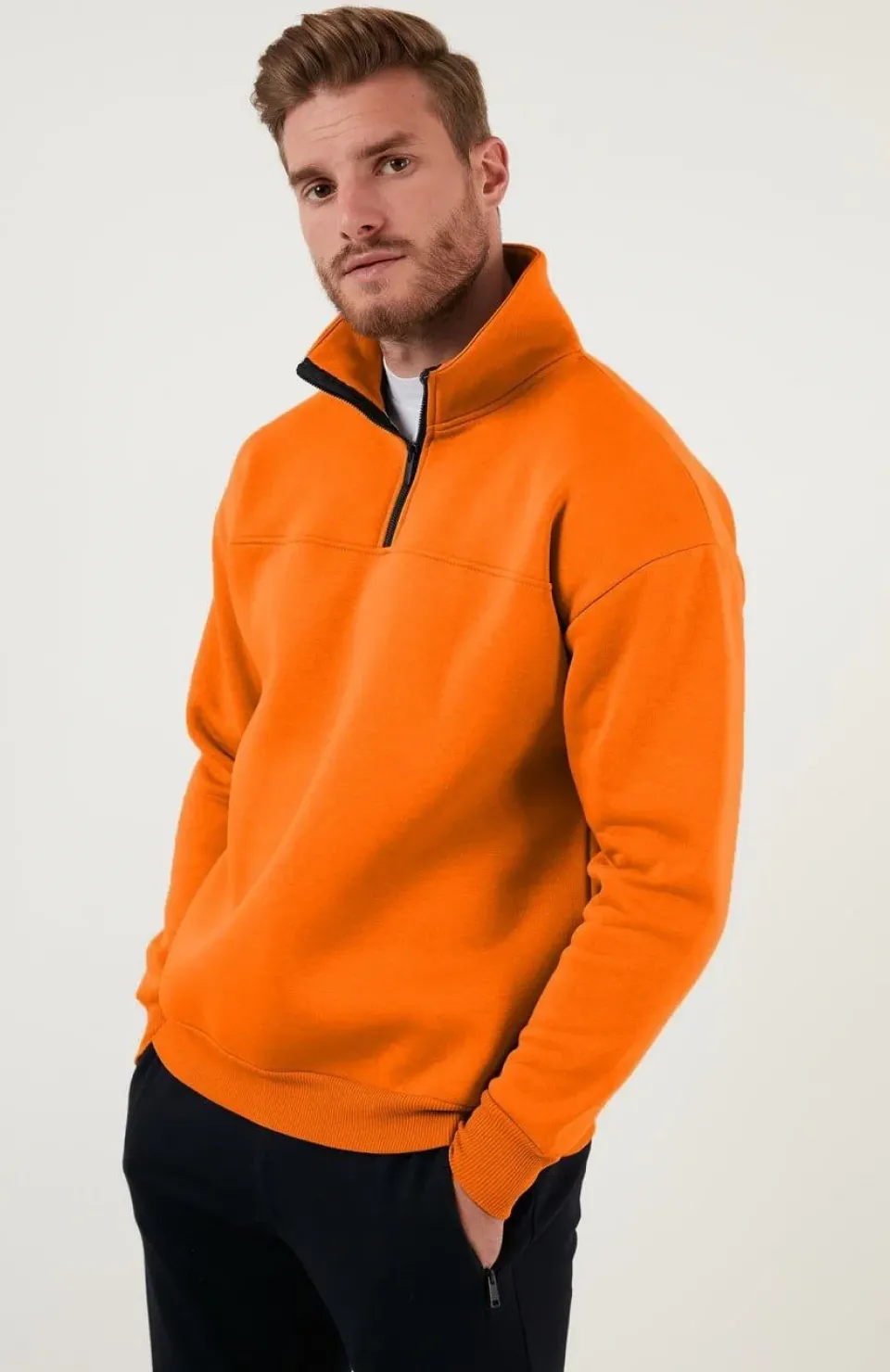 Oversize Yarım Farmuarlı Yakalı Basic SweatShirt - Turuncu