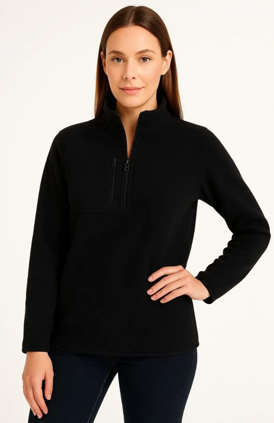 Kadın Polar Kazak – Dik Yaka, Yarım Fermuarlı, Fermuarlı Göğüs Cepli, Siyah Biyeli, Kışlık Rahat Regular Fit Günlük Model - Siyah