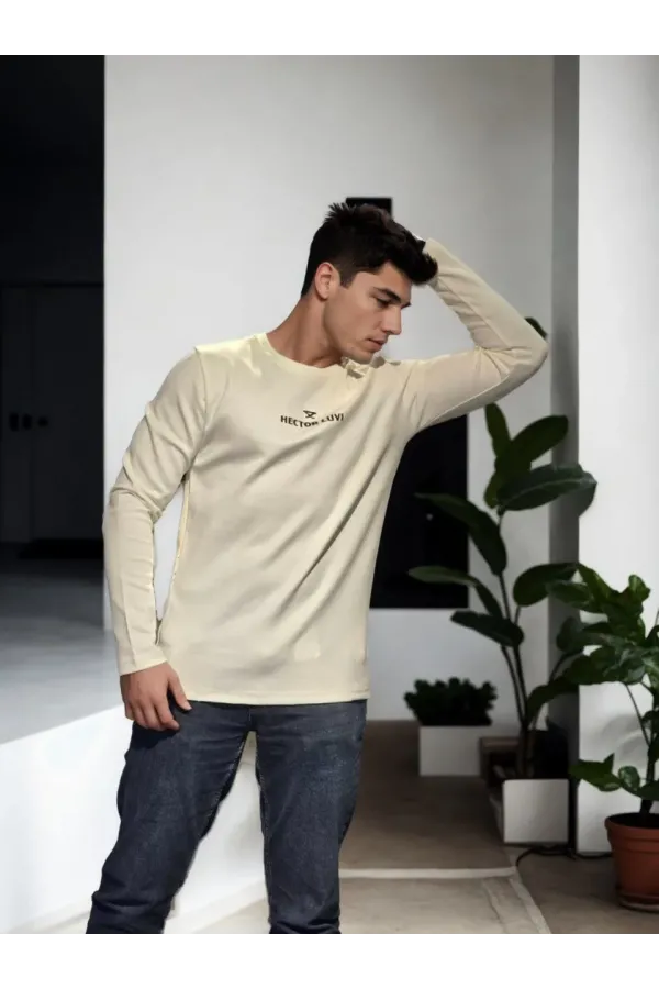 Unisex Bisiklet Yaka Uzun Kollu T-Shirt - Beyaz