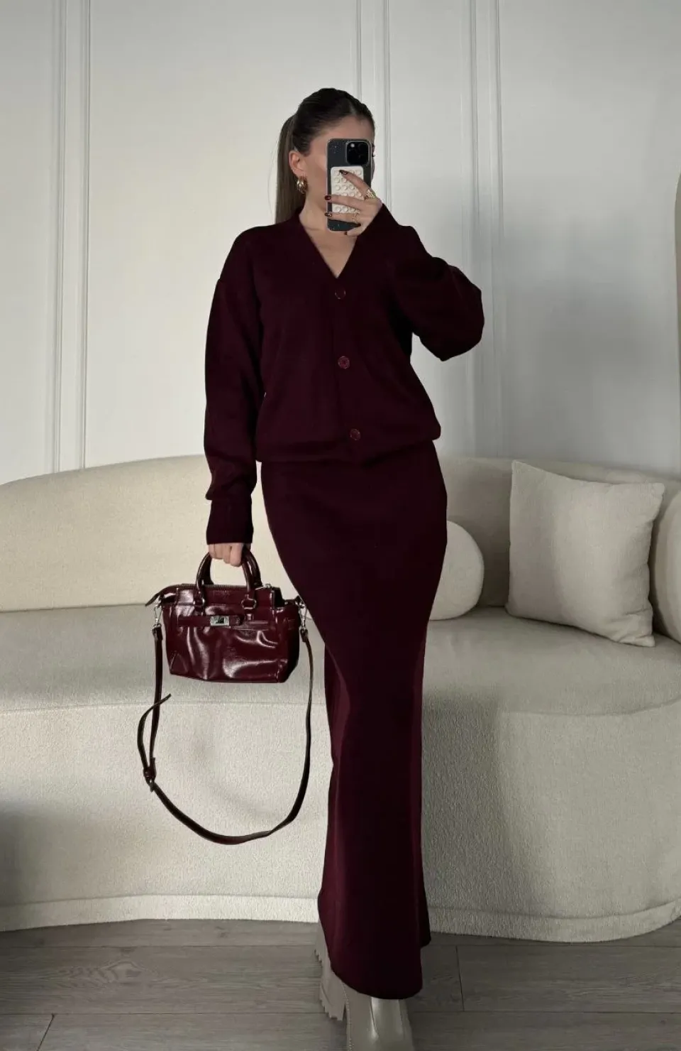V Yaka 3 Düğmeli Hırka Takım Triko İkili Etekli - Bordo
