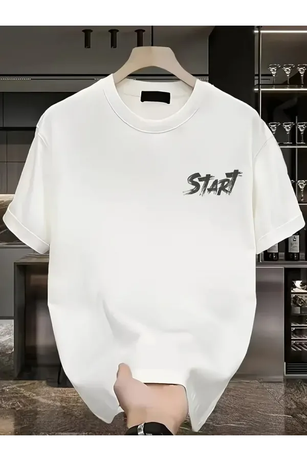 20/1 Penye Compack Start All Over Baskılı Oversize Bisiklet Yaka Kısa Kol Yazlık T-shirt - Beyaz