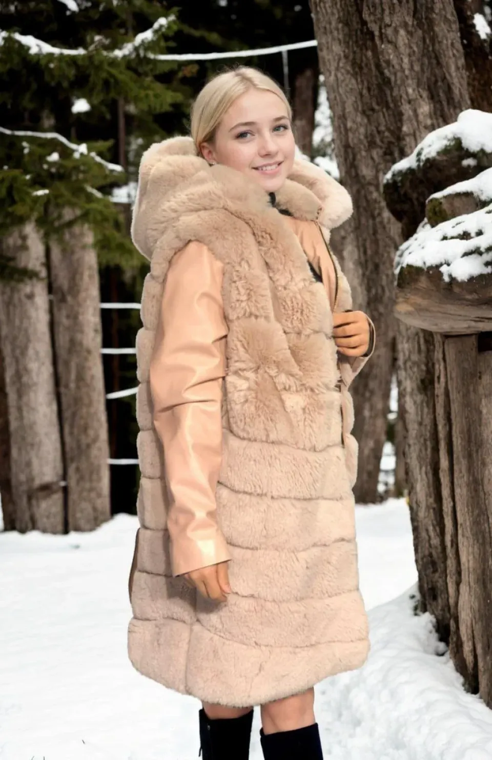 Kadın Suni Kürk Hakiki Deri - Somon