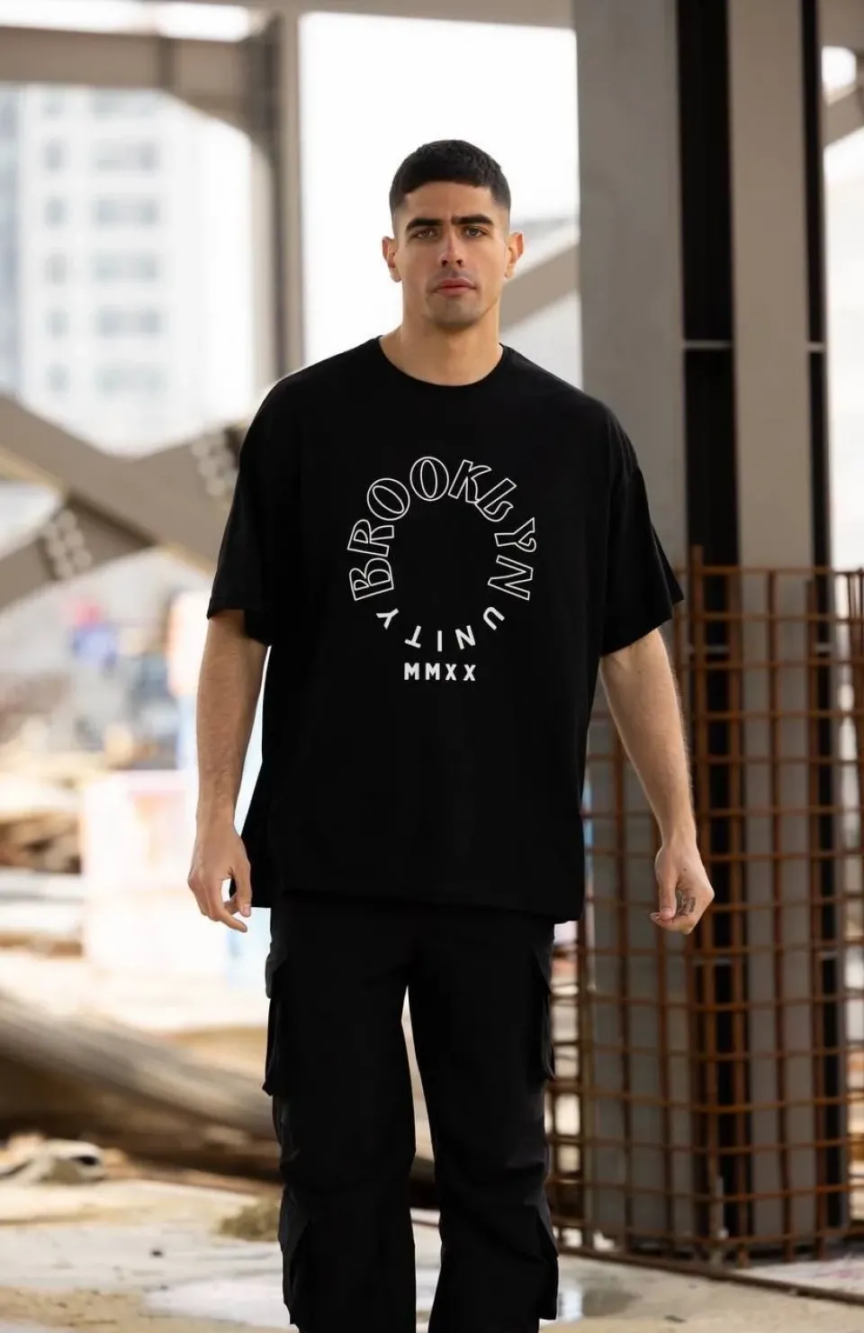 Unisex Bisiklet Yaka Baskılı Oversize T-Shirt - Siyah