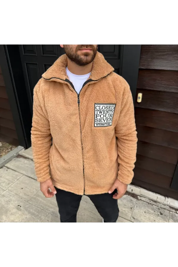 Erkek Polar Fermuarlı Sweatshirt – Kapüşonsuz, Cepli, Yumuşak Dokulu, Oversize Rahat Kalıp, Kışlık Sıcak Tutan Fermuarlı Üst - Kahverengi