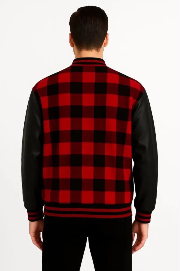 Erkek Kolej Ceket – Kareli Oduncu Kumaş, Kolları Suni Deri, Fermuarlı, İçi Kapitone Astarlı, Nakışlı Oversize Bahar & Kış Stil - Bordo