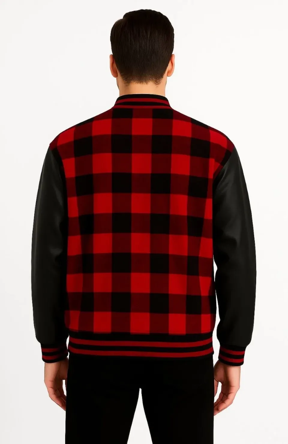 Erkek Kolej Ceket – Kareli Oduncu Kumaş, Kolları Suni Deri, Fermuarlı, İçi Kapitone Astarlı, Nakışlı Oversize Bahar & Kış Stil - Bordo