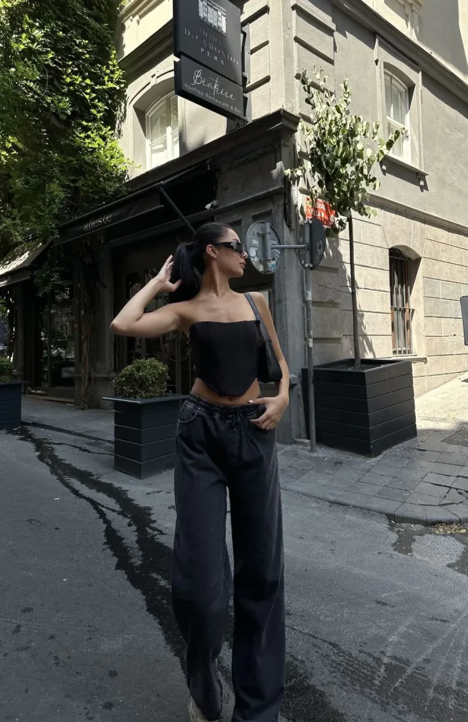 Kadın Arkadan Yırtmaçlı Jeans Kot Palazzo Pantolon - Siyah