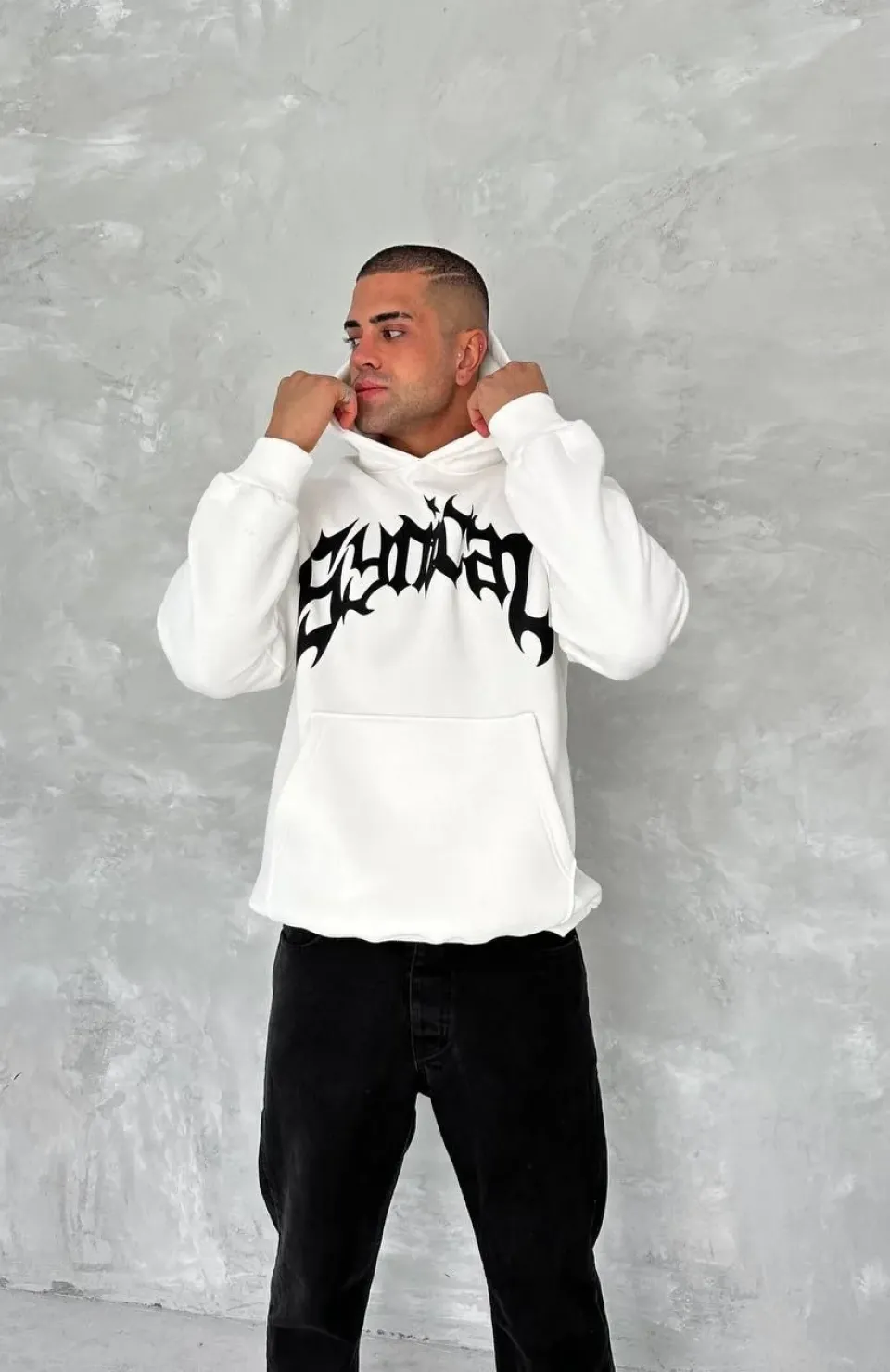 Unisex Üç İplik Kapüşonlu Baskılı SweatShirt - Beyaz