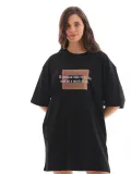 Unisex Bisiklet Yaka Baskılı Oversize T-Shirt - Siyah