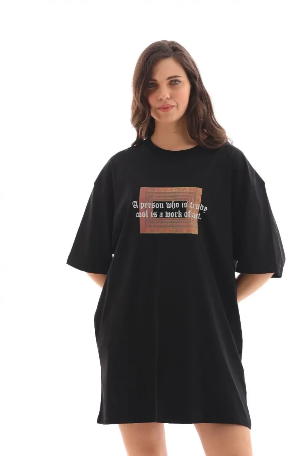 Unisex Bisiklet Yaka Baskılı Oversize T-Shirt - Siyah