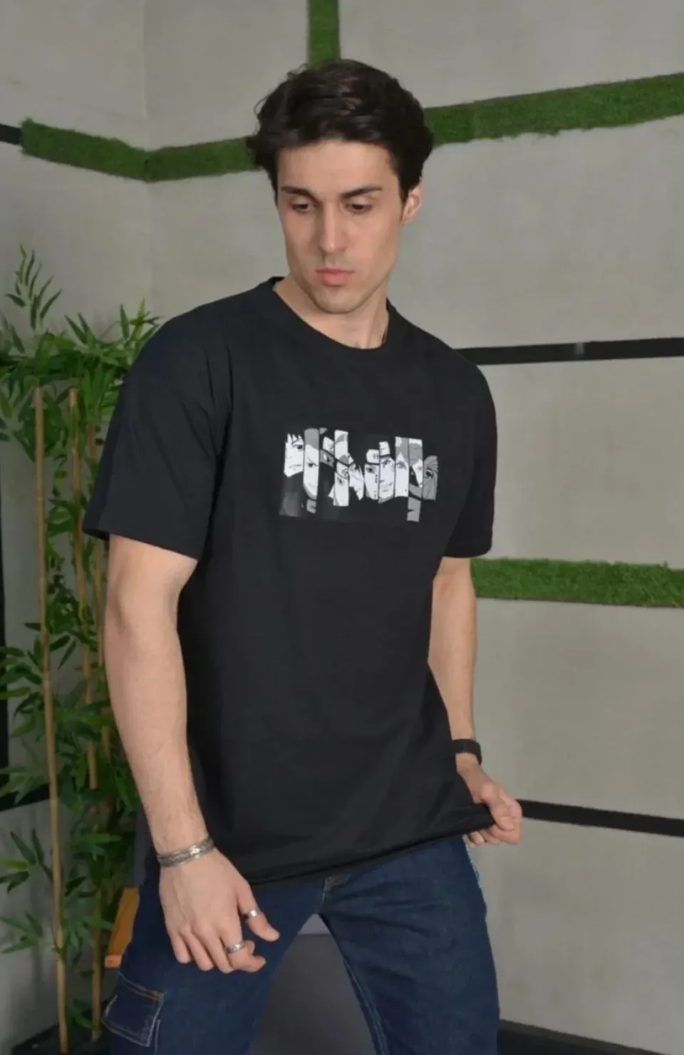 Unisex Bisiklet Yaka Baskılı Oversize T-Shirt - Siyah