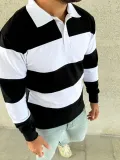 Erkek Polo Yaka Uzun Kollu Çizgili Sweatshirt Trend Rugby Stil - Siyah