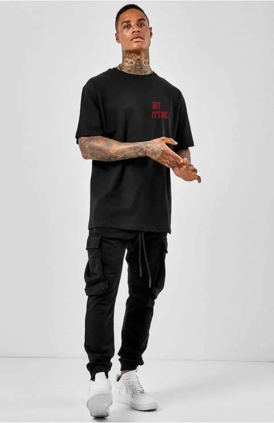 Unisex Bisiklet Yaka Oversize Baskılı T-Shirt - Siyah