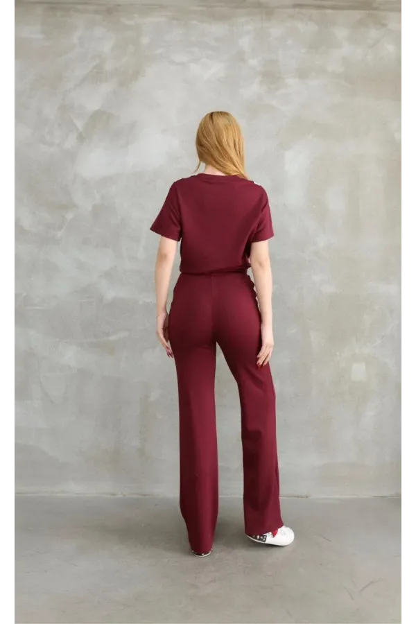 Osy Modal Yumuşak dokulu Kumaş Bisiklet Yaka Parçalı detaylı Kısa Kollu Takım - Bordo