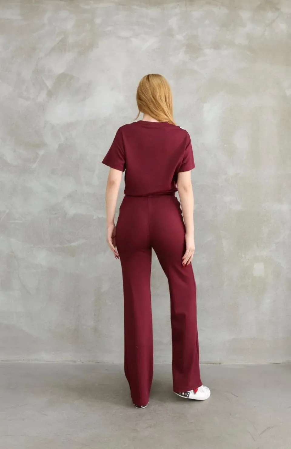 Osy Modal Yumuşak dokulu Kumaş Bisiklet Yaka Parçalı detaylı Kısa Kollu Takım - Bordo