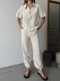 Keten Tam Fermuarlı Kısa kollu Gömlek Pantolon ikili Takım - Beyaz
