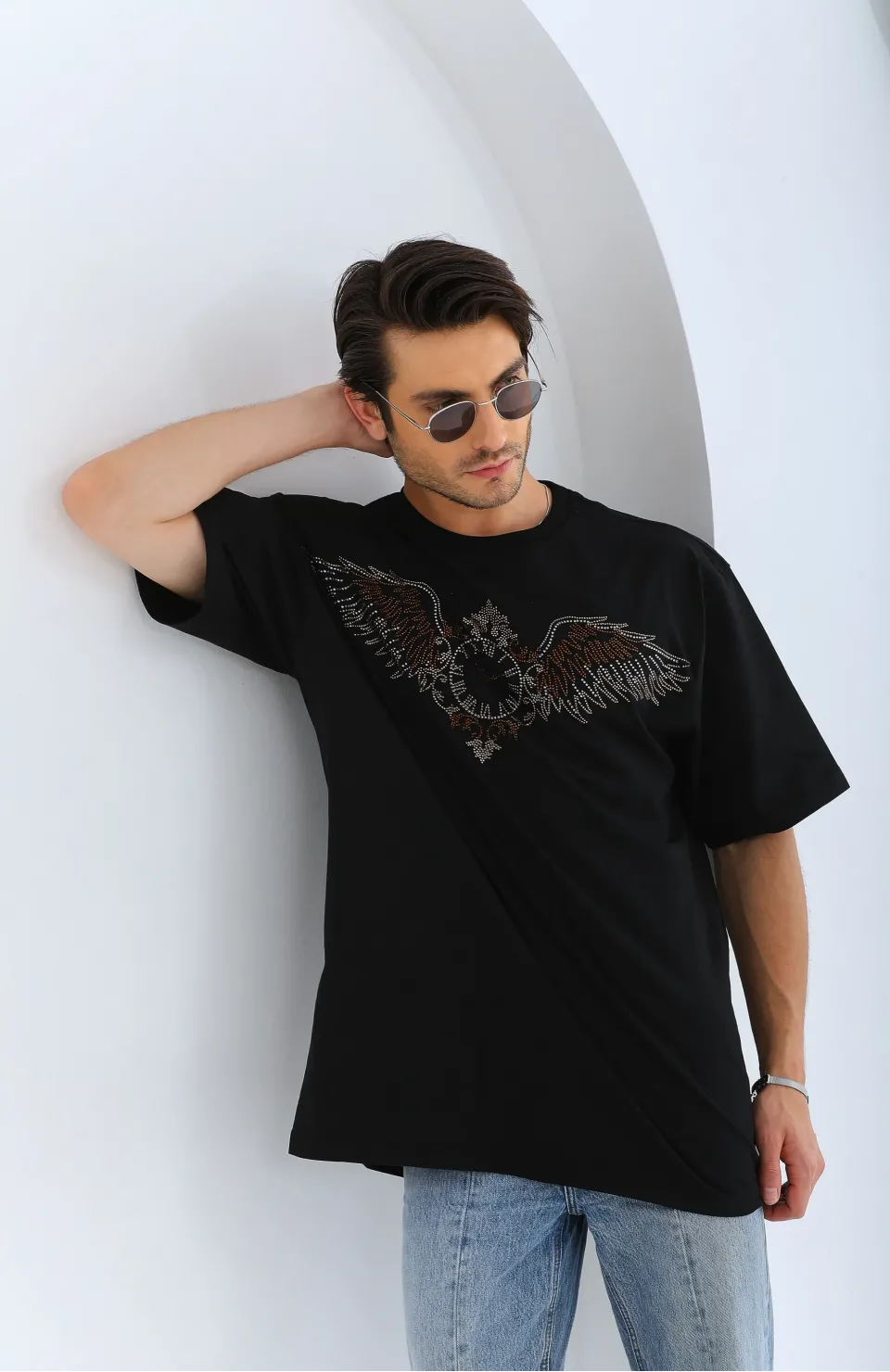 Unisex Oversize Taşlı Bisiklet Yaka T-Shirt - Siyah