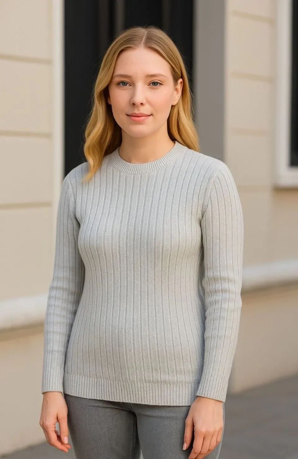Kadın Bisiklet Yuvarlak Yaka Triko Kazak Pamuklu Kalın Fitilli Dokuma, Regular Fit Uzun Kollu Kışlık Model - Gri