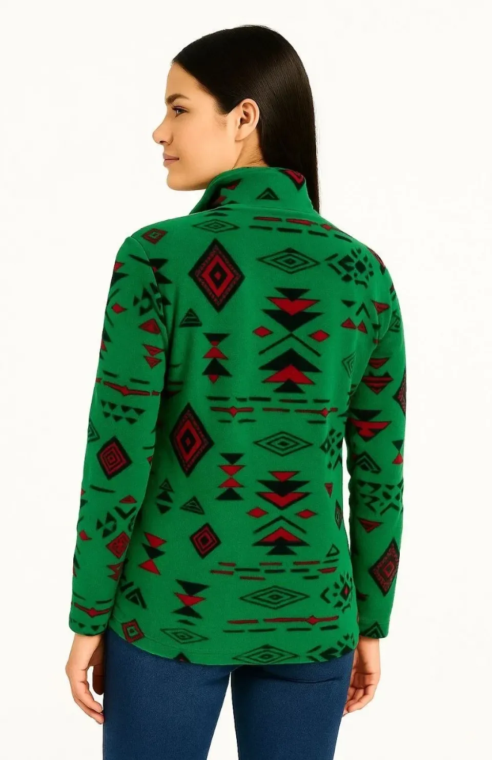 Kadın Yarım Fermuarlı Desenli Polar Sweat Tribal Etnik Desen Yakalı, Uzun Kollu, Oversize Rahat Kalıp - Yeşil