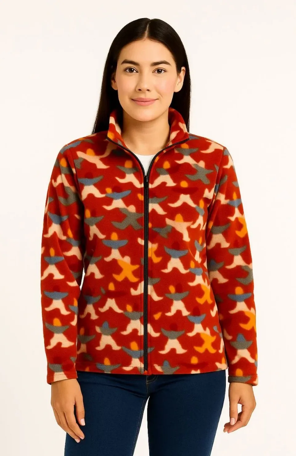 Kadın Tam Fermuarlı Desenli Polar Sweat – Siyah Multicolor Figür Desen Yakalı, Uzun Kollu, Oversize Rahat Kalıp - Kiremit