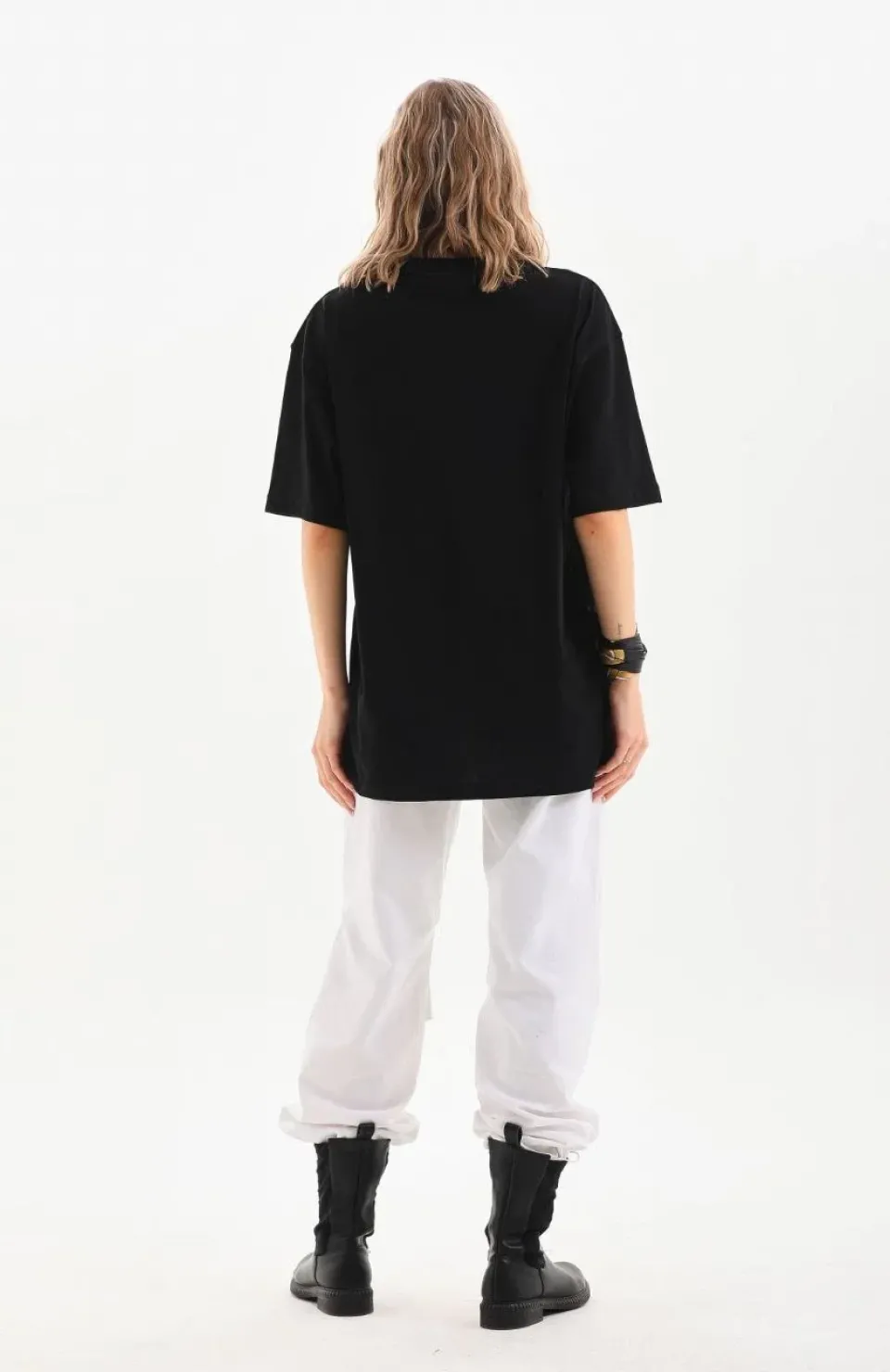 Unisex Bisiklet Yaka 20/1 Düz Oversize T-Shirt - Siyah