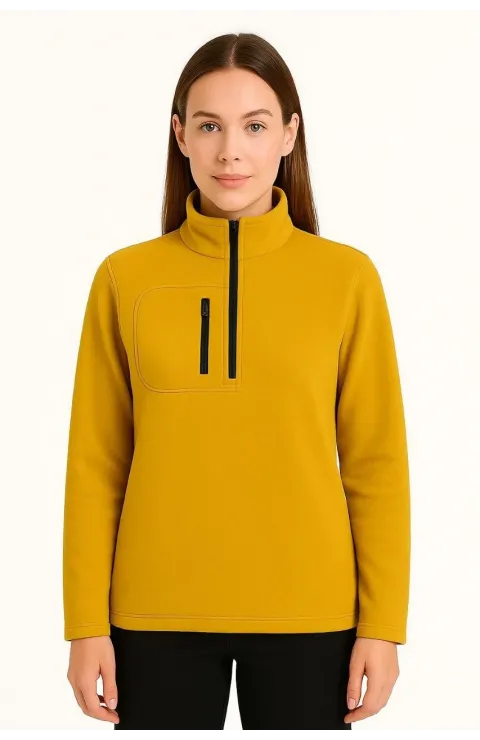 Kadın Polar Kazak – Dik Yaka, Yarım Fermuarlı, Fermuarlı Göğüs Cepli, Siyah Biyeli, Kışlık Rahat Regular Fit Günlük Model - Sarı