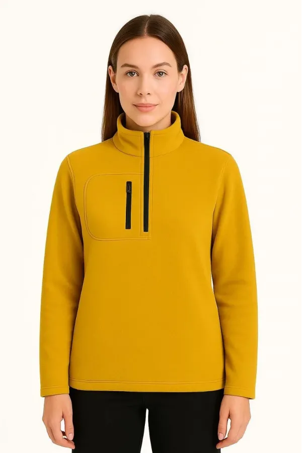 Kadın Polar Kazak – Dik Yaka, Yarım Fermuarlı, Fermuarlı Göğüs Cepli, Siyah Biyeli, Kışlık Rahat Regular Fit Günlük Model - Sarı