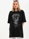 Unisex Taş Desenli Oversize T-Shirt - Siyah