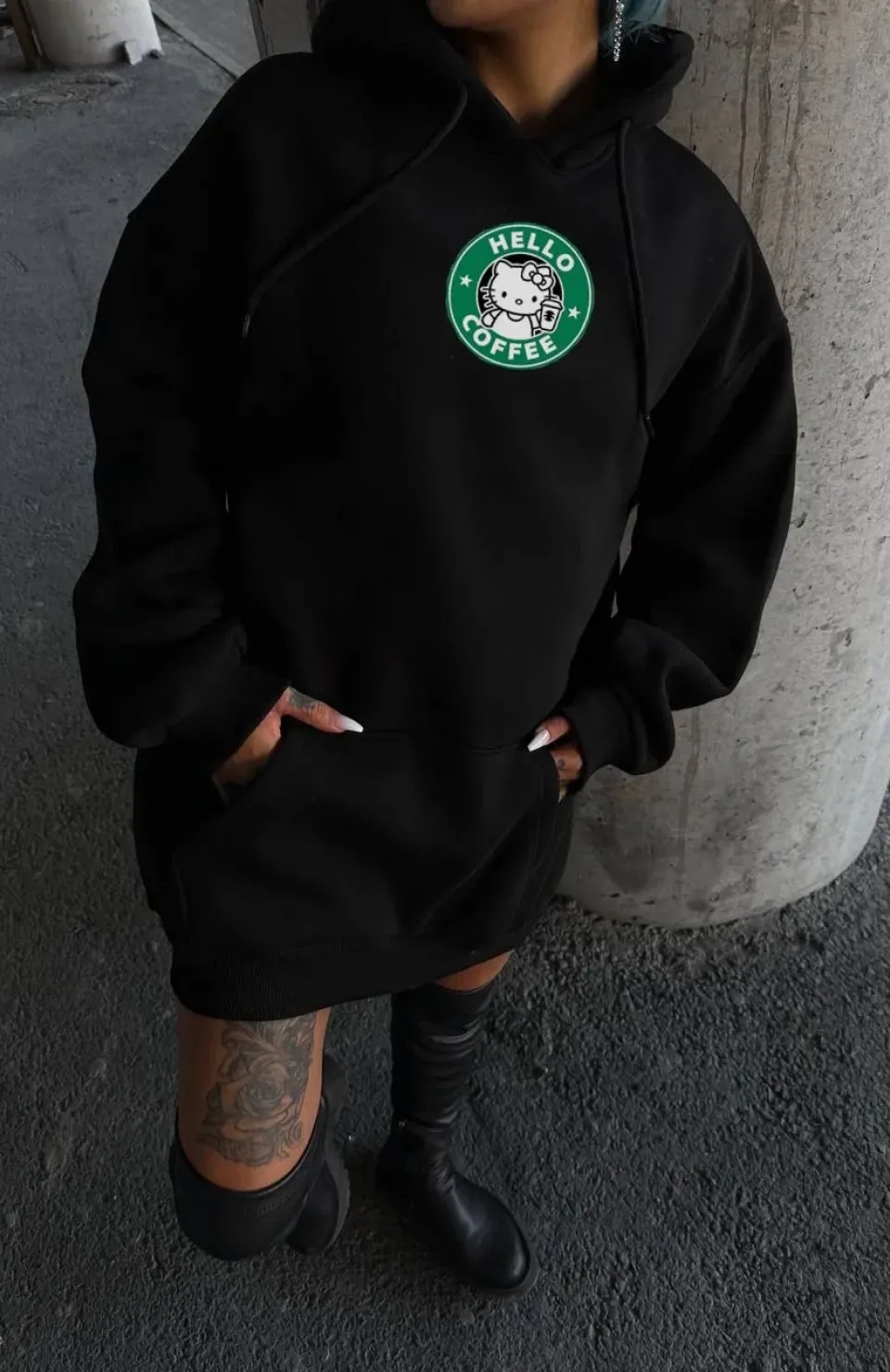 Üç İplik Penye Uzun Kol Kapüşonlu SweatShirt - Siyah