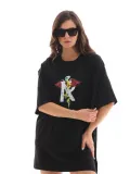 Unisex Bisiklet Yaka Baskılı Oversize T-Shirt - Siyah