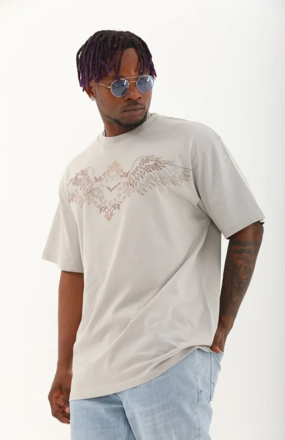 Unisex Oversize Taşlı Bisiklet Yaka T-Shirt - Gri