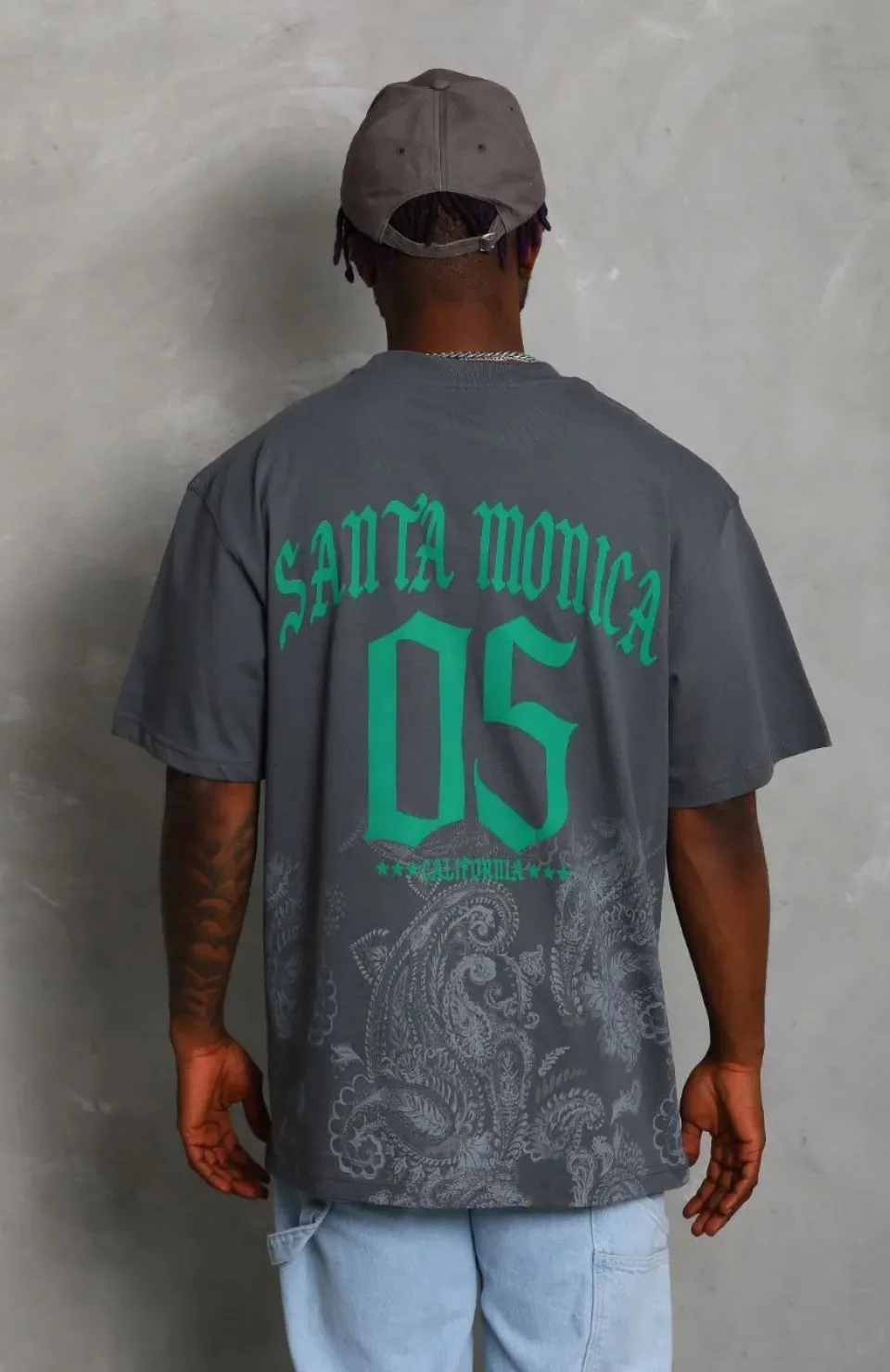 Unisex Oversize Baskılı Bisiklet Yaka T-Shirt - Füme