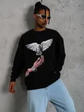 Erkek Güvercin Baskılı Sweatshirt - Siyah