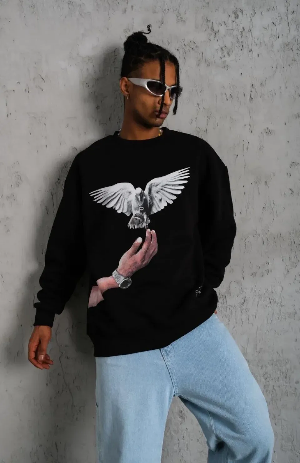 Erkek Güvercin Baskılı Sweatshirt - Siyah