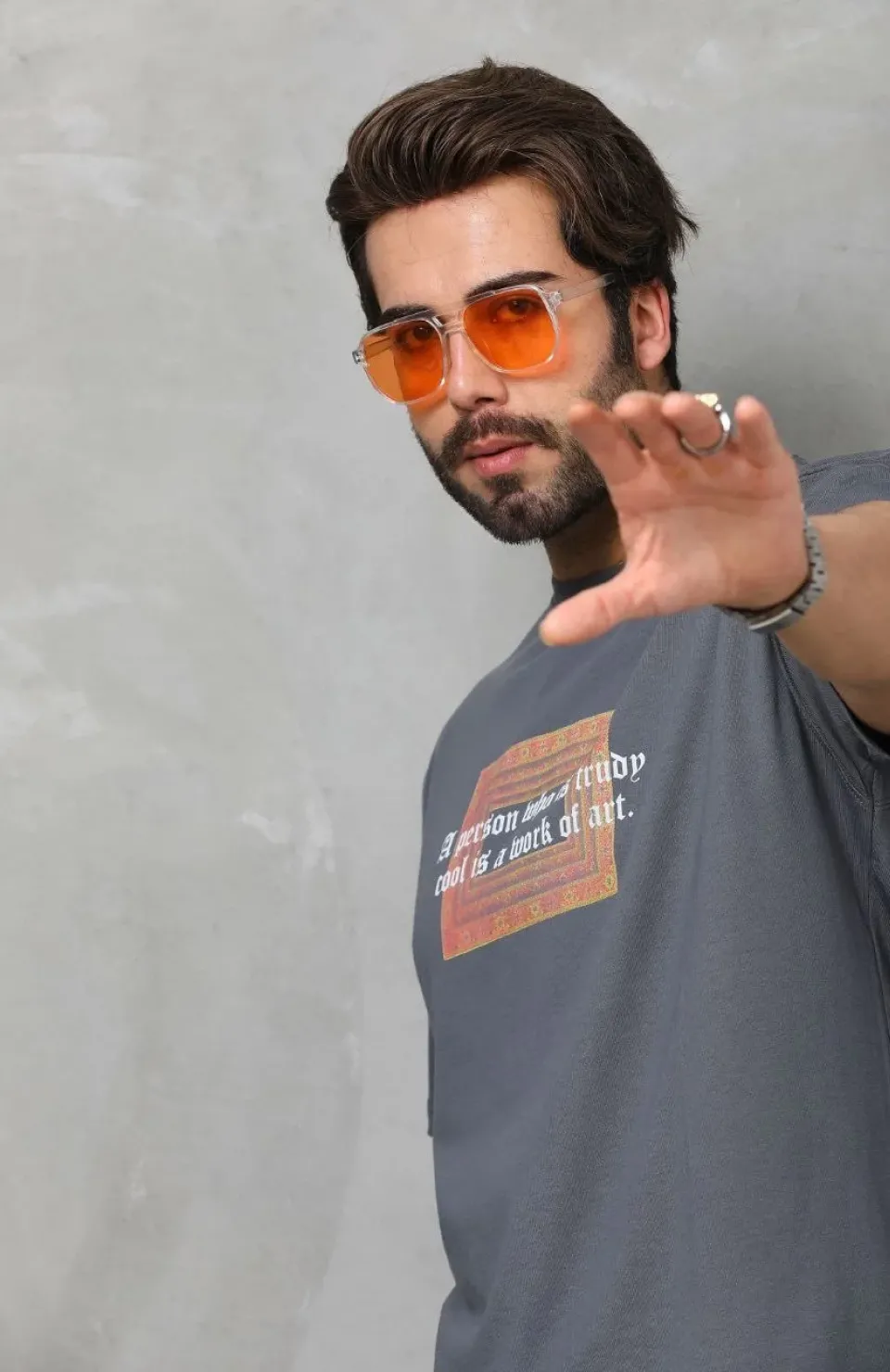 Unisex Bisiklet Yaka Baskılı Oversize T-Shirt - Füme