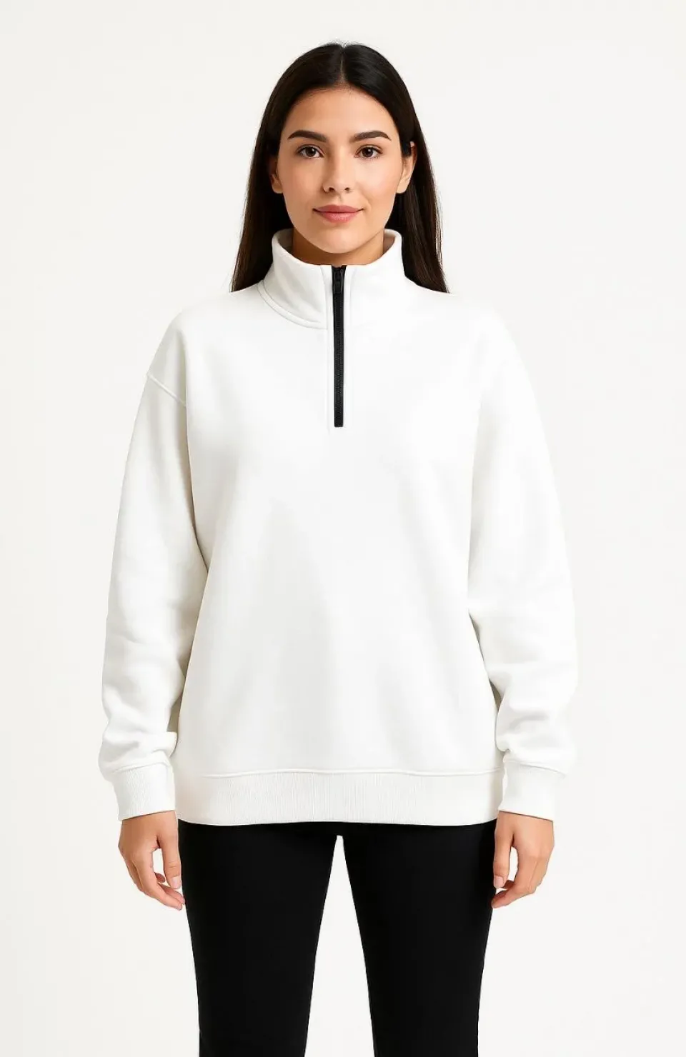 Kadın Üç İplik Dık Yaka Yarım Fermuarlı SweatShirt - Beyaz