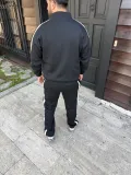 Erkek Çift Şeritli Eşofman Takım Dik Yaka Fermuarlı Sweatshirt Boru Paça Alt, Oversize 3 iplik Pamuklu - Siyah