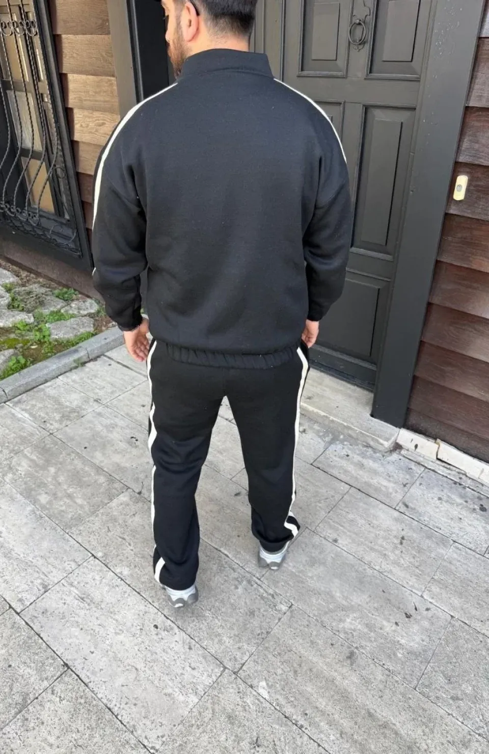 Erkek Çift Şeritli Eşofman Takım Dik Yaka Fermuarlı Sweatshirt Boru Paça Alt, Oversize 3 iplik Pamuklu - Siyah