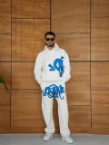 Erkek Kapüşonlu Eşofman Takım Graffiti Baskılı  Oversize Rahat Kalıp, Kanguru Cepli, Streetwear Tarzında Premium Ürün 3 iplik Pamuklu - Beyaz