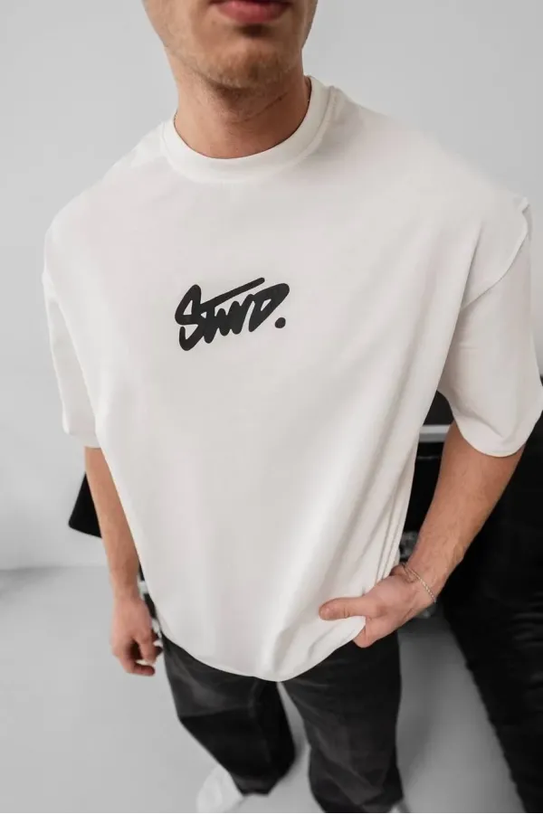 Erkek Baskılı Oversize T-shirt - Beyaz